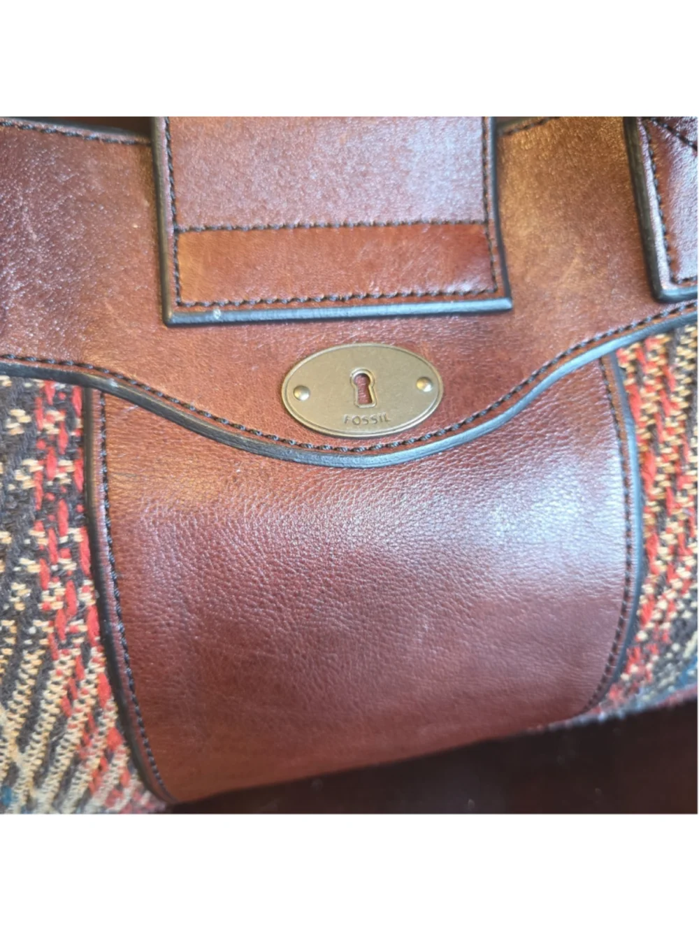 Fossil Leather Vintage And Tweed Satchel Shoulder Tote Bag